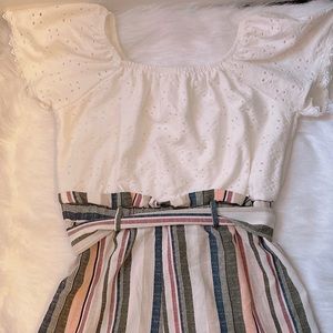 Knit works, Girls' Short Sleeve Romper in solid Lace with stripe’s, Size 14